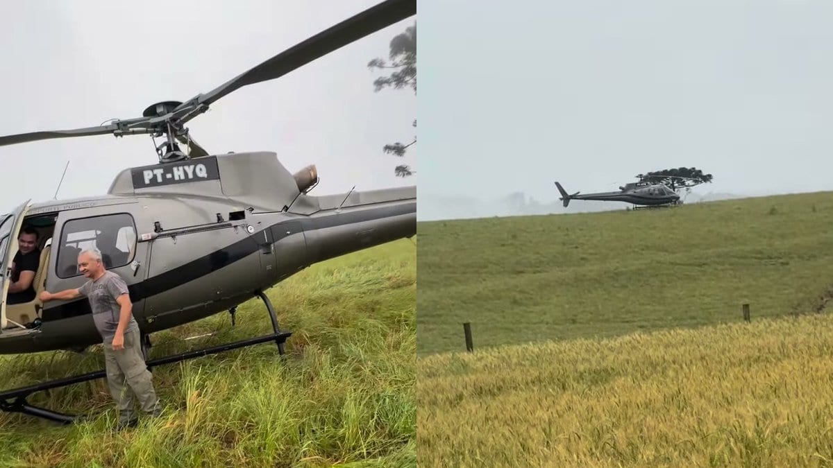 Piloto prefere esperar: helicóptero a caminho de Chapecó faz pouso em lavoura ao perceber tempestade