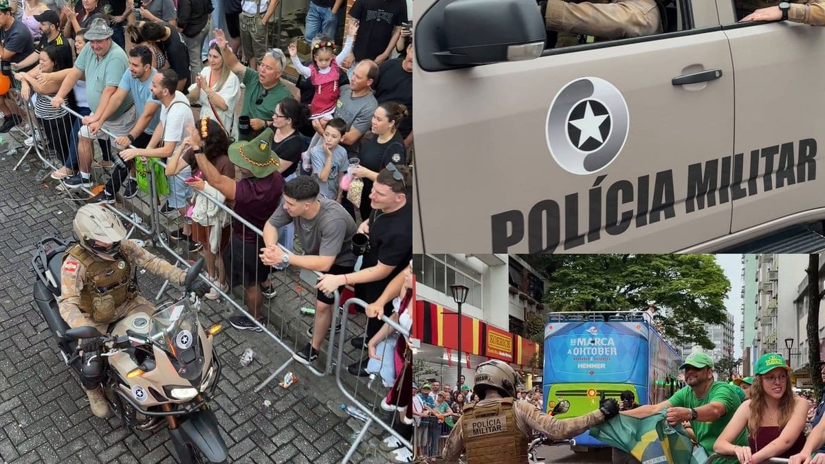 Policiais militares são ovacionados no desfile da Oktoberfest em Blumenau, a “festa mais segura do Brasil”