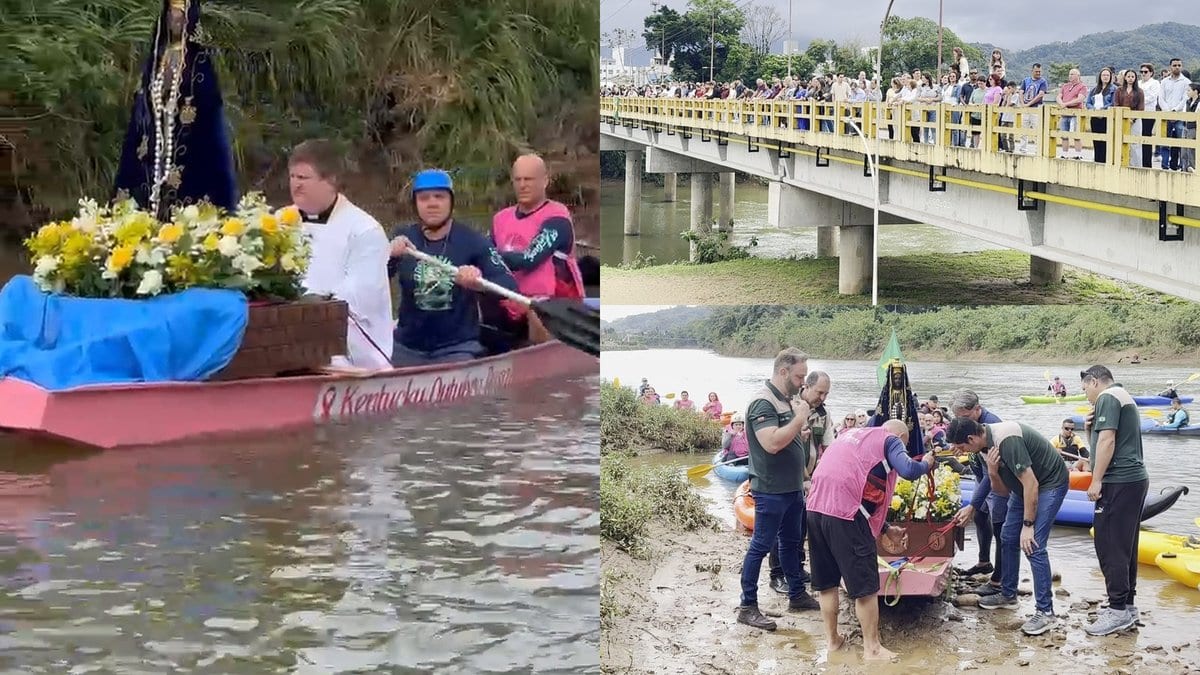 Nossa Senhora Aparecida navega pelo rio cercada de caiaques e fiéis lotam ponte em Jaraguá do Sul