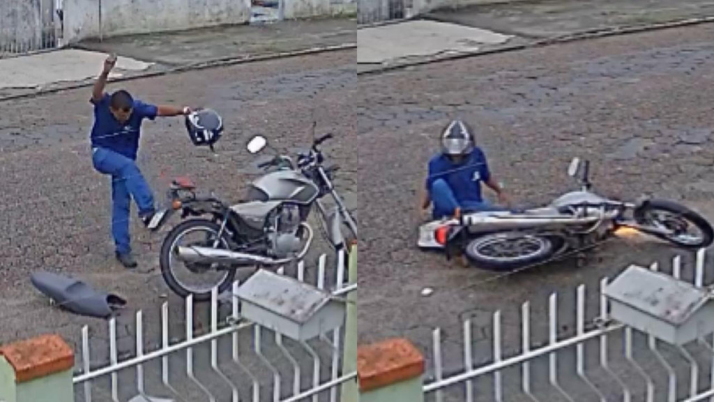 Homem enfurecido quebra moto com chutes e socos em Tijucas