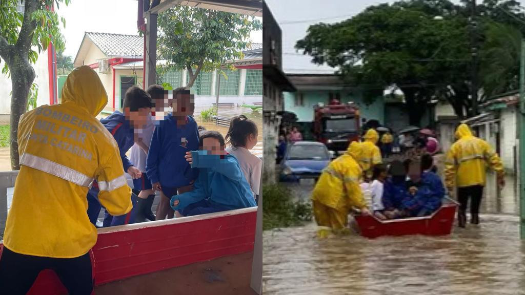 Escola fica alaga durante chuva e Bombeiros resgatam 28 crianças e 15 professores