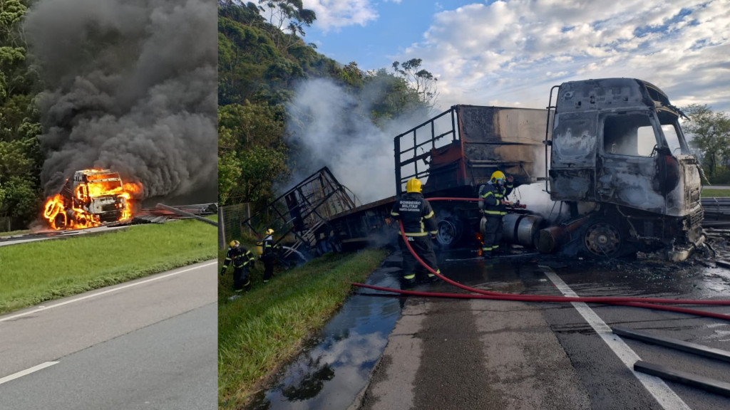 Caminhão em chamas e carga espalhada quase resultam em tragédia na BR-101