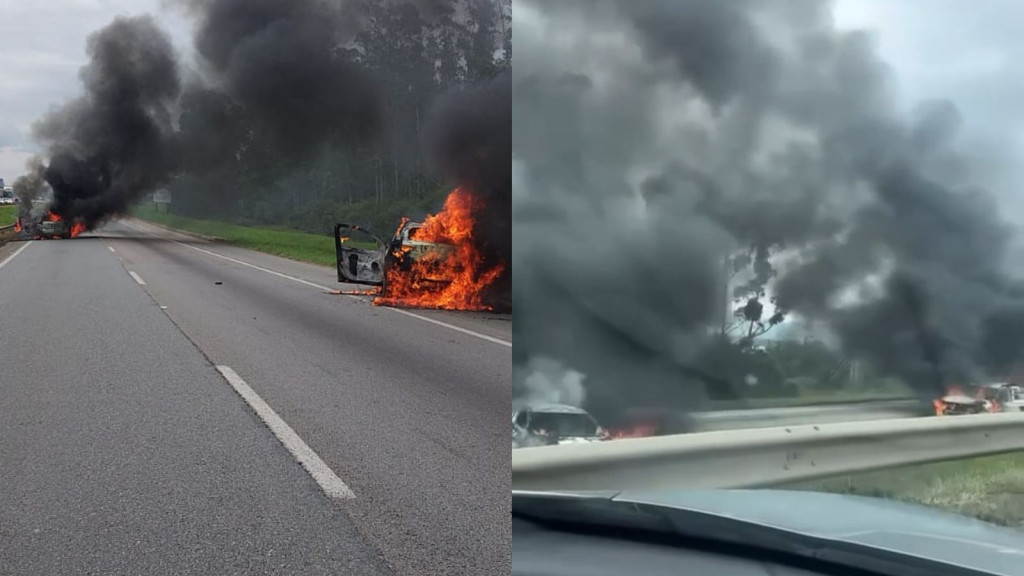 URGENTE: Bandidos armados rendem motoristas e incendeiam três carros na BR-101 em Tijucas