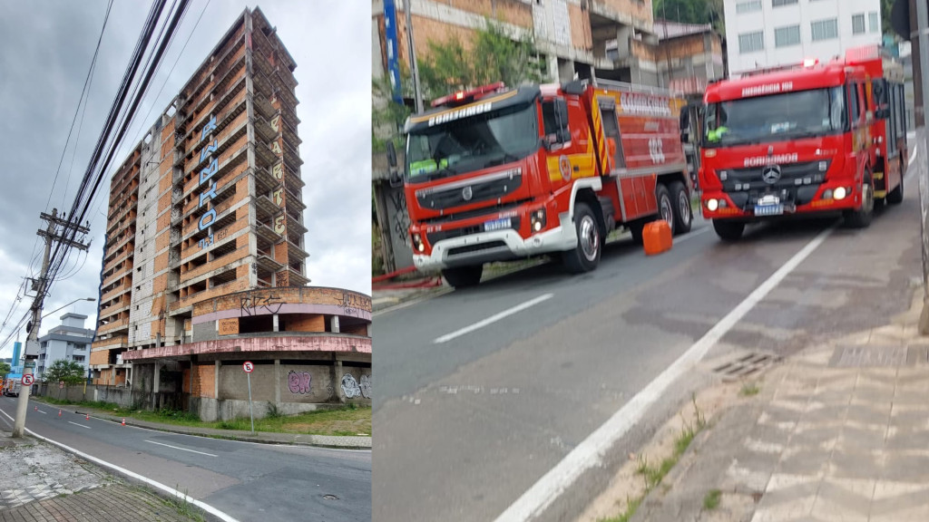 Incêndio de grandes proporções destrói prédio abandonado em Blumenau