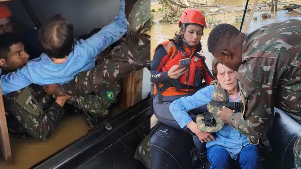 Exército resgata idosa no 2° andar de casa alagada por enchente em SC