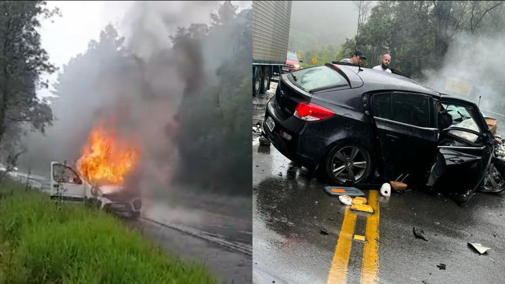 Carro pega fogo em grave acidente na Serra Dona Francisca