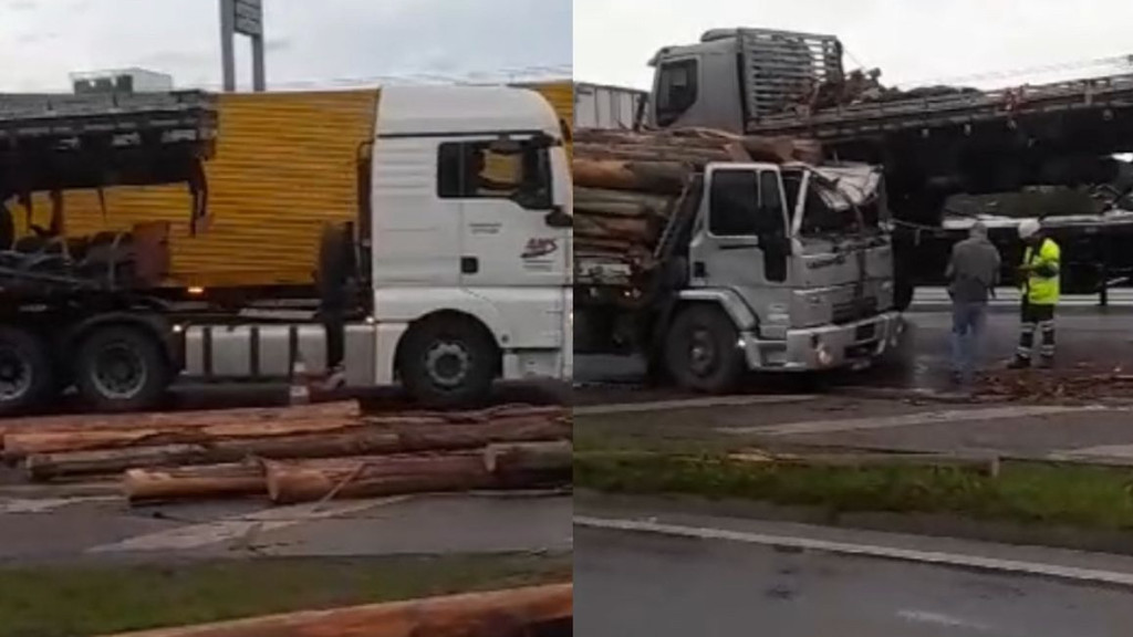 Acidente na BR-101 em Itajaí espalha toras de madeira e causa congestionamento