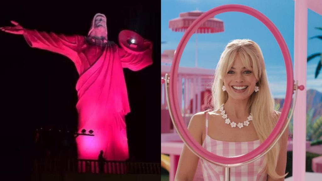 Balneário Camboriú celebra estreia do filme Barbie com iluminação rosa no Cristo Luz e no shopping