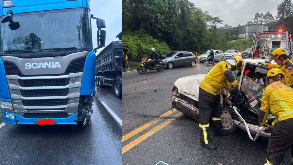 Acidente na BR-282: carro destruído e condutor encarcerado após choque com caminhão