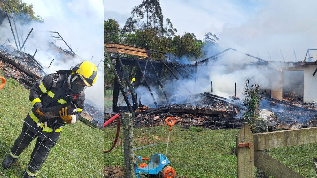 Incêndio destrói casa em SC e dono acaba no hospital após tentar combater fogo