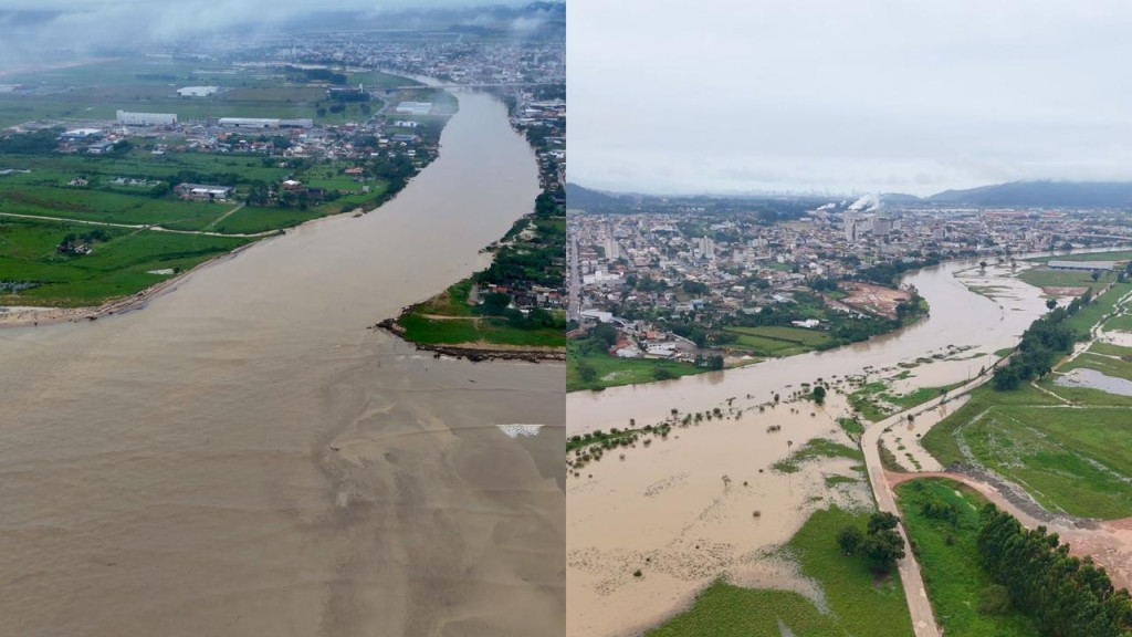 Imagens aéreas mostram o Rio Tijucas na Capital do Vale: “baixando rapidamente”