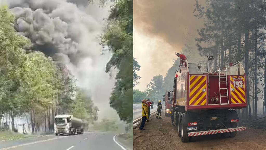 URGENTE: Incêndio de grandes proporções atinge depósito de materiais recicláveis na SC-157