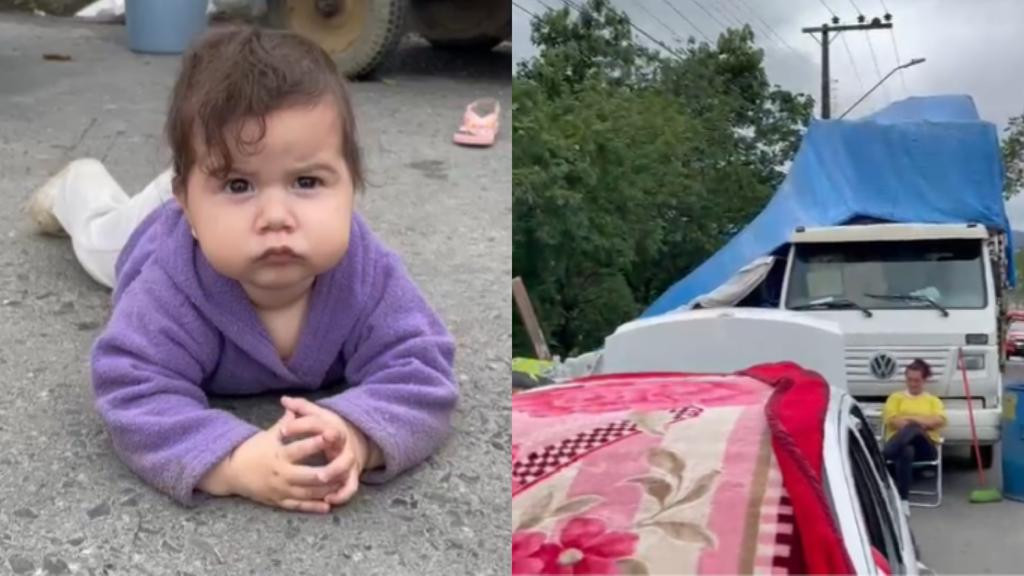 Bebê engatinha em ponte que virou abrigo de família para fugir da enchente em Santa Catarina