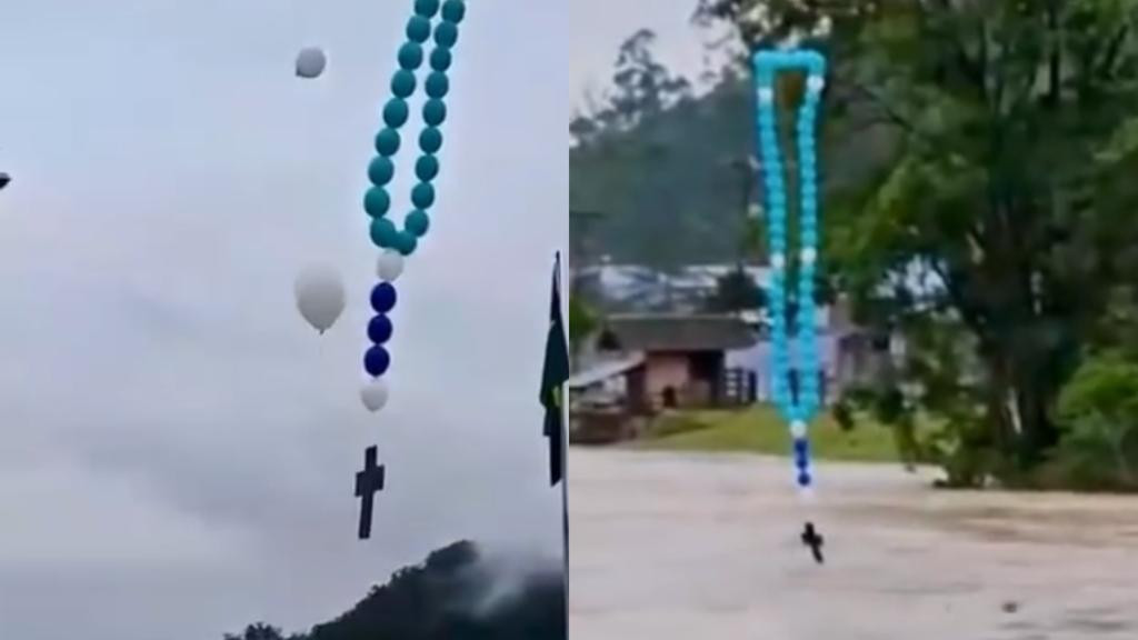 Rosário de balões em honra a Nossa Senhora Aparecida toca corações em áreas alagadas de SC