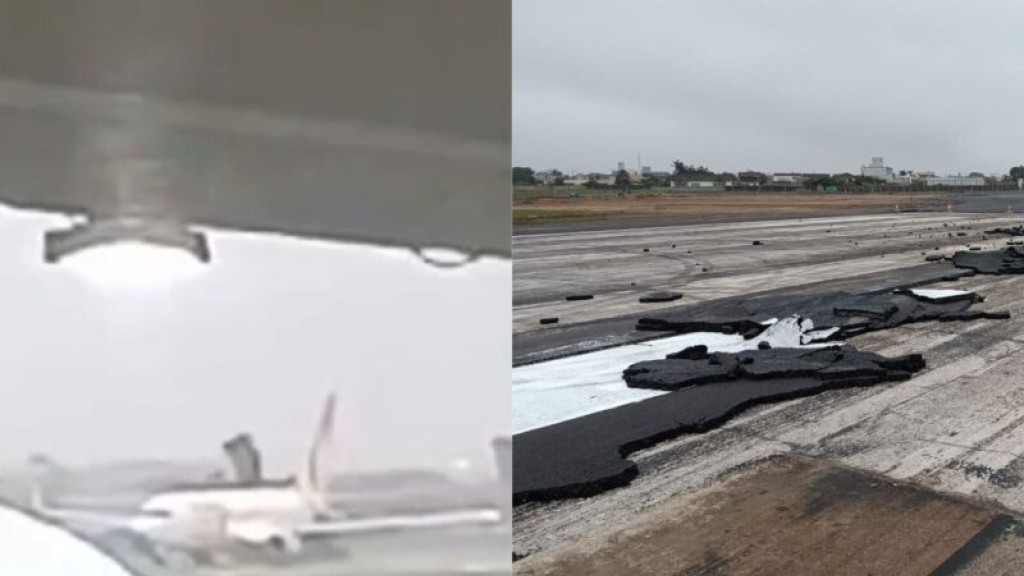 Asfalto de pista de aeroporto desprende e atinge avião durante decolagem em SC