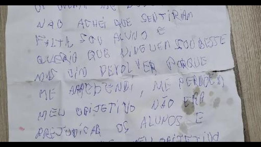 Ladrão devolve objetos furtados em escola e deixa carta arrependido