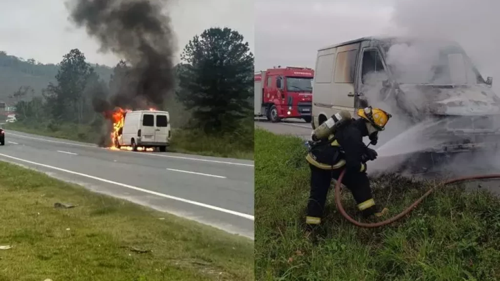 Furgão é flagrado em chamas na BR-470 em Ilhota