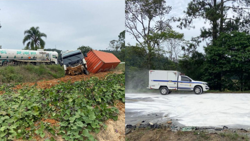 Colisão entre caminhões e carro deixa dois mortos na BR-470, no Alto Vale do Itajaí
