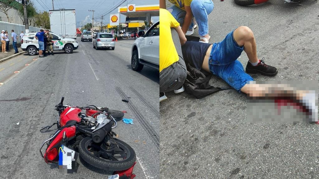 Motociclista fica gravemente ferido após mochila enroscar em caminhão, em Tijucas