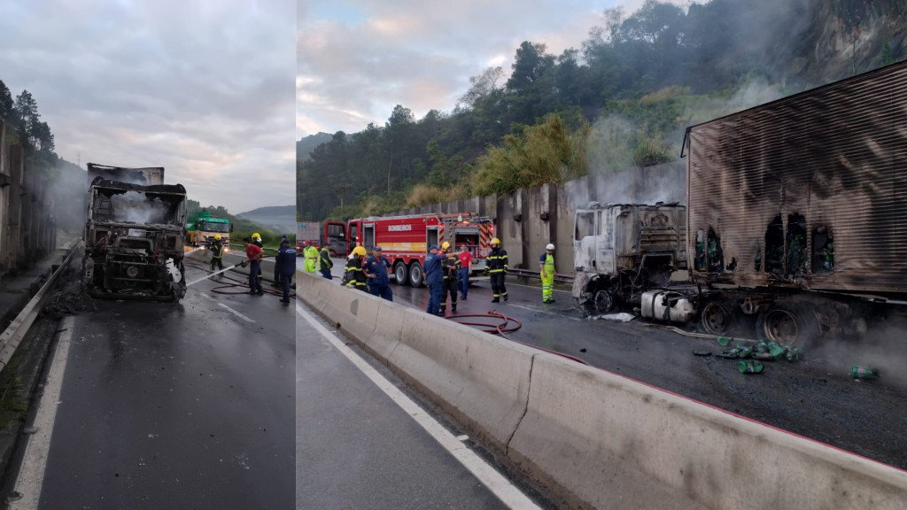 Caminhão com carga de produto químico pega fogo e por pouco não causa tragédia na BR-101