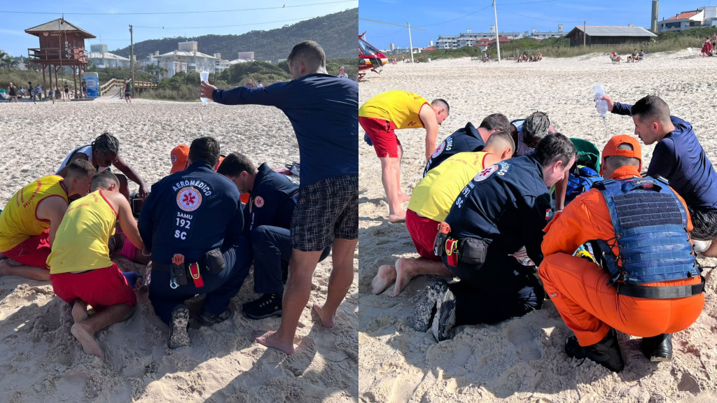 Vítima de afogamento é resgatada entre a vida e a morte em praia de Florianópolis