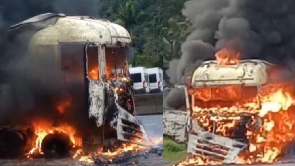 Caminhão pega fogo na BR-376 entre PR e SC