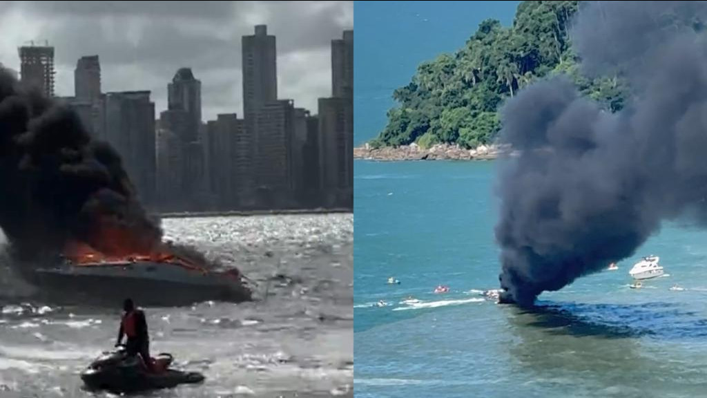 VÍDEO: Lancha pega fogo em praia de Balneário Camboriú