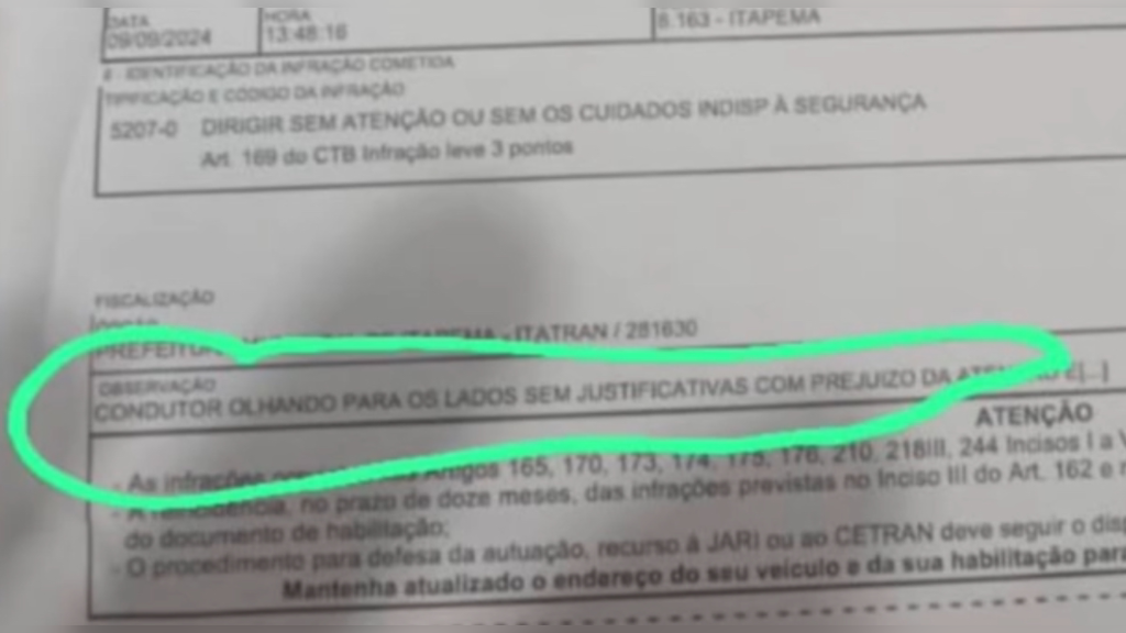 Motorista é multado por “olhar pros lados” em Itapema