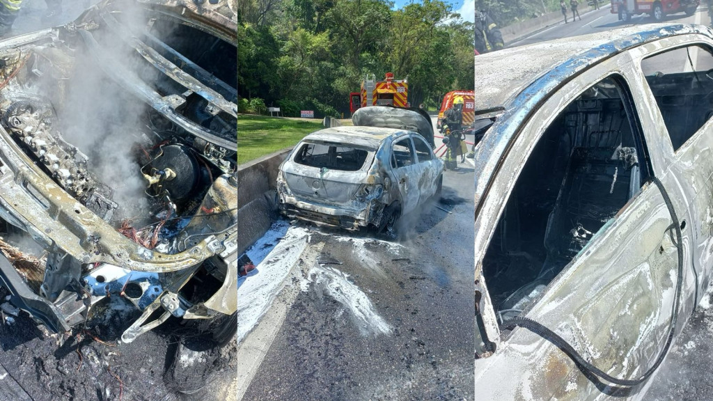 Carro abandonado em chamas causa transtorno na BR-101, em Balneário Camboriú