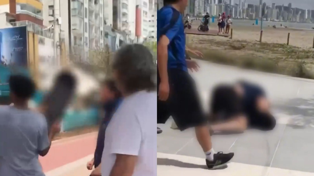 VÍDEO: Idoso se irrita com skates e agride adolescentes em Balneário Camboriú