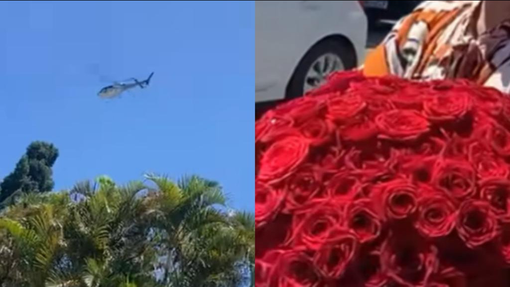 O último romântico: Helicóptero lança pétalas e entrega buquê de rosas