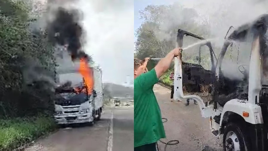 Trabalhadores de desentupidora salvam motorista de caminhão em chamas