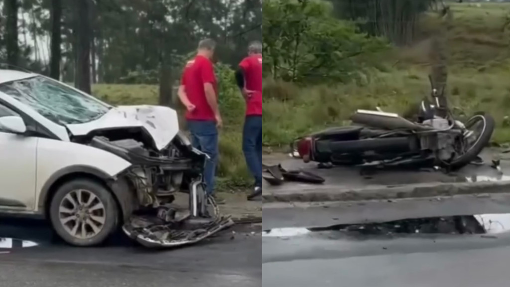 Motociclista fica preso em cerca de arame farpado após colisão com carro em Porto Belo