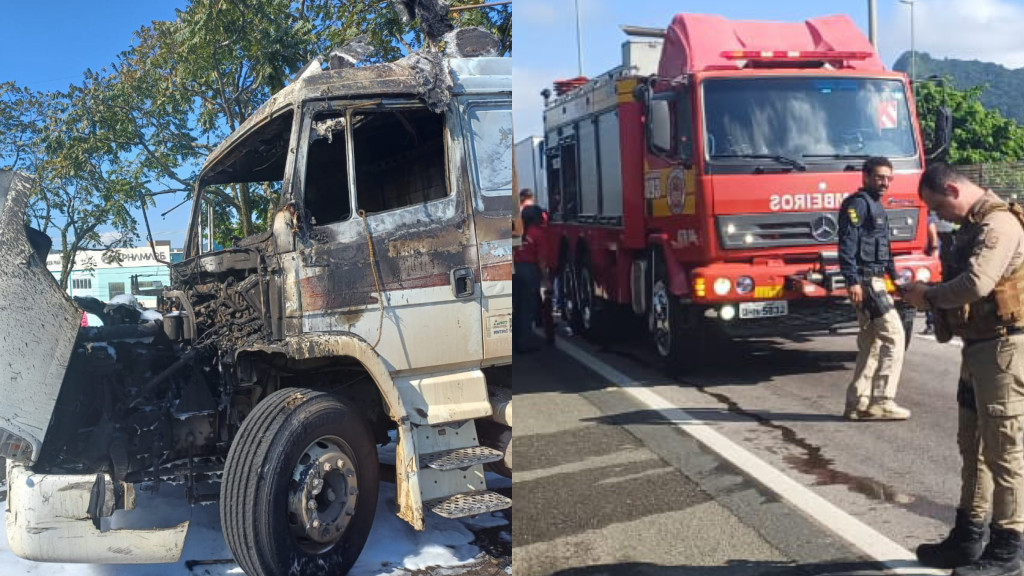 VÍDEO: Fogo em caminhão bloqueia BR-101, em Balneário Camboriú