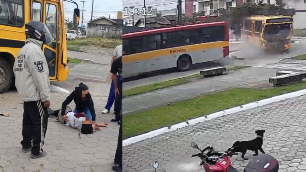 Monitora é ejetada e crianças ficam feridas após ônibus escolares baterem violentamente, em Itajaí
