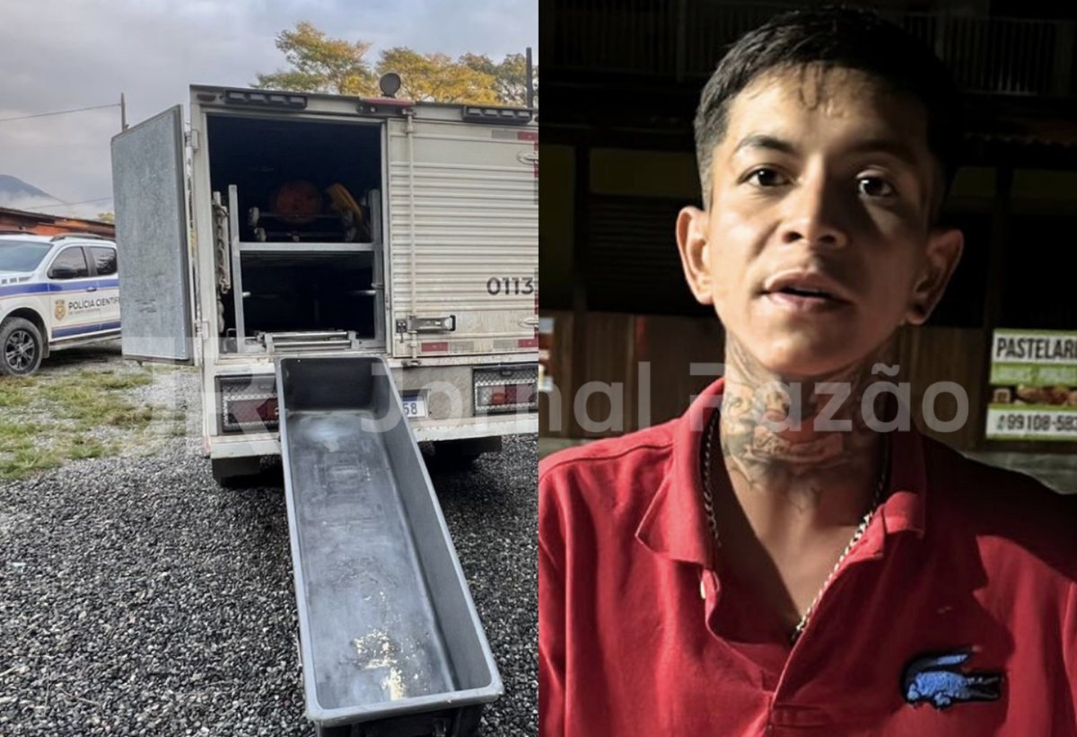 Veículo da Polícia Científica no local da ocorrência e imagem do suspeito Lucas Gabriel Padilha de Lima