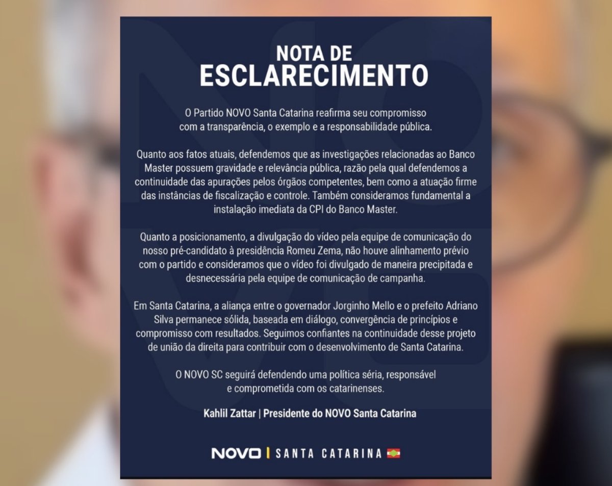 Nota de Esclarecimento divulgada pelo Partido Novo de Santa Catarina