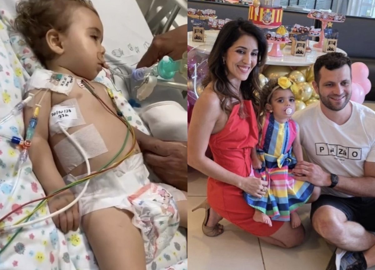 Lia internada com tubos e ao lado dos pais em momento recente