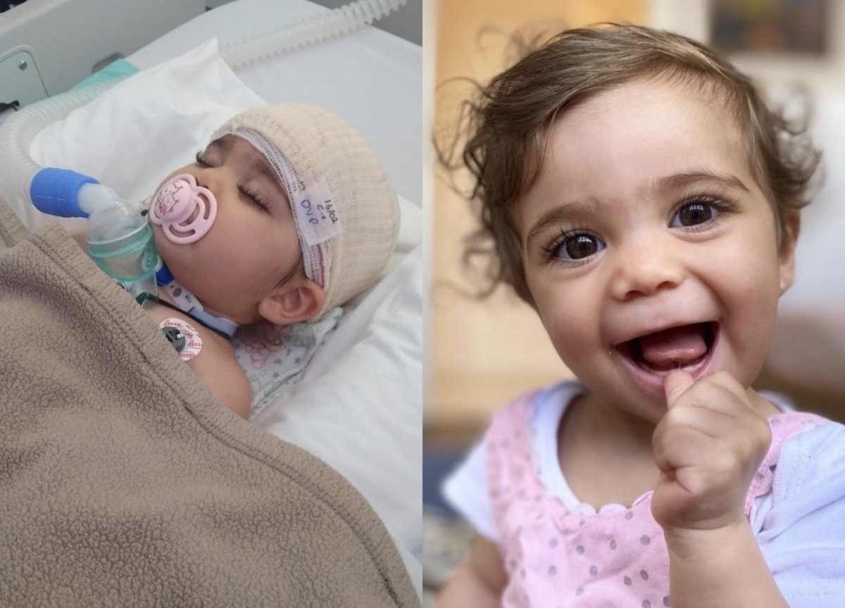 Lia internada durante o tratamento e em momento recente sorrindo