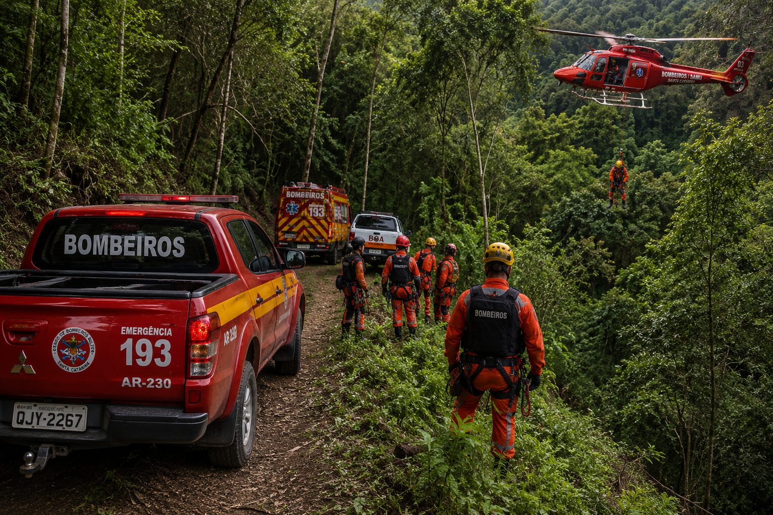Homem perdido em mata foi resgatado com rapel de helicóptero em Blumenau