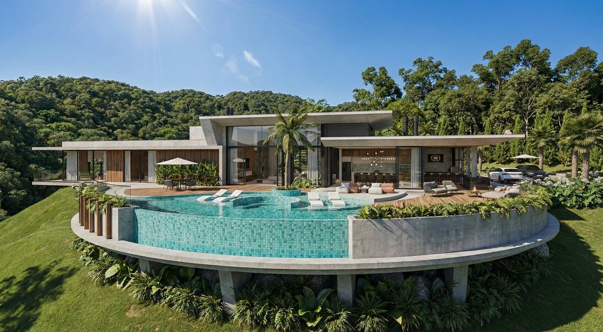 Projeto com área de lazer e piscina integrada à paisagem, parte do portfólio da arquiteta.