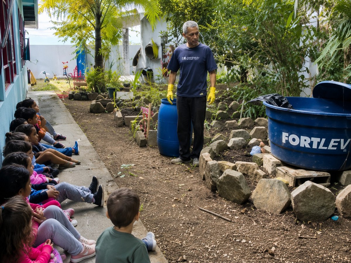 Crianças participam da compostagem na horta da creche