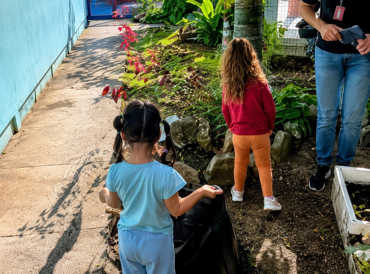 Crianças observam o canteiro acompanhadas por profissional da creche