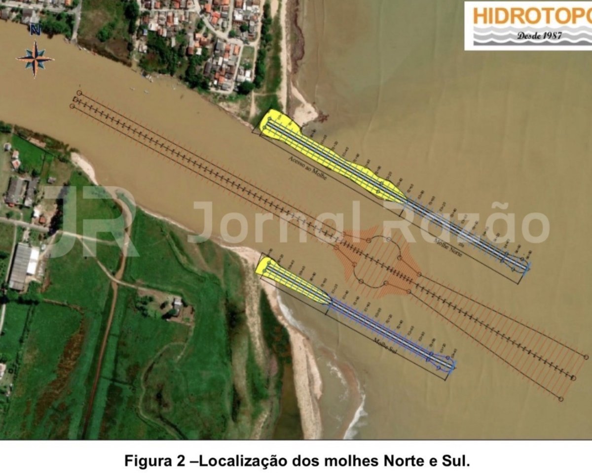 Figura técnica da Hidrotopo mostra a localização dos molhes Norte e Sul sobre imagem de satélite da foz do Rio Tijucas