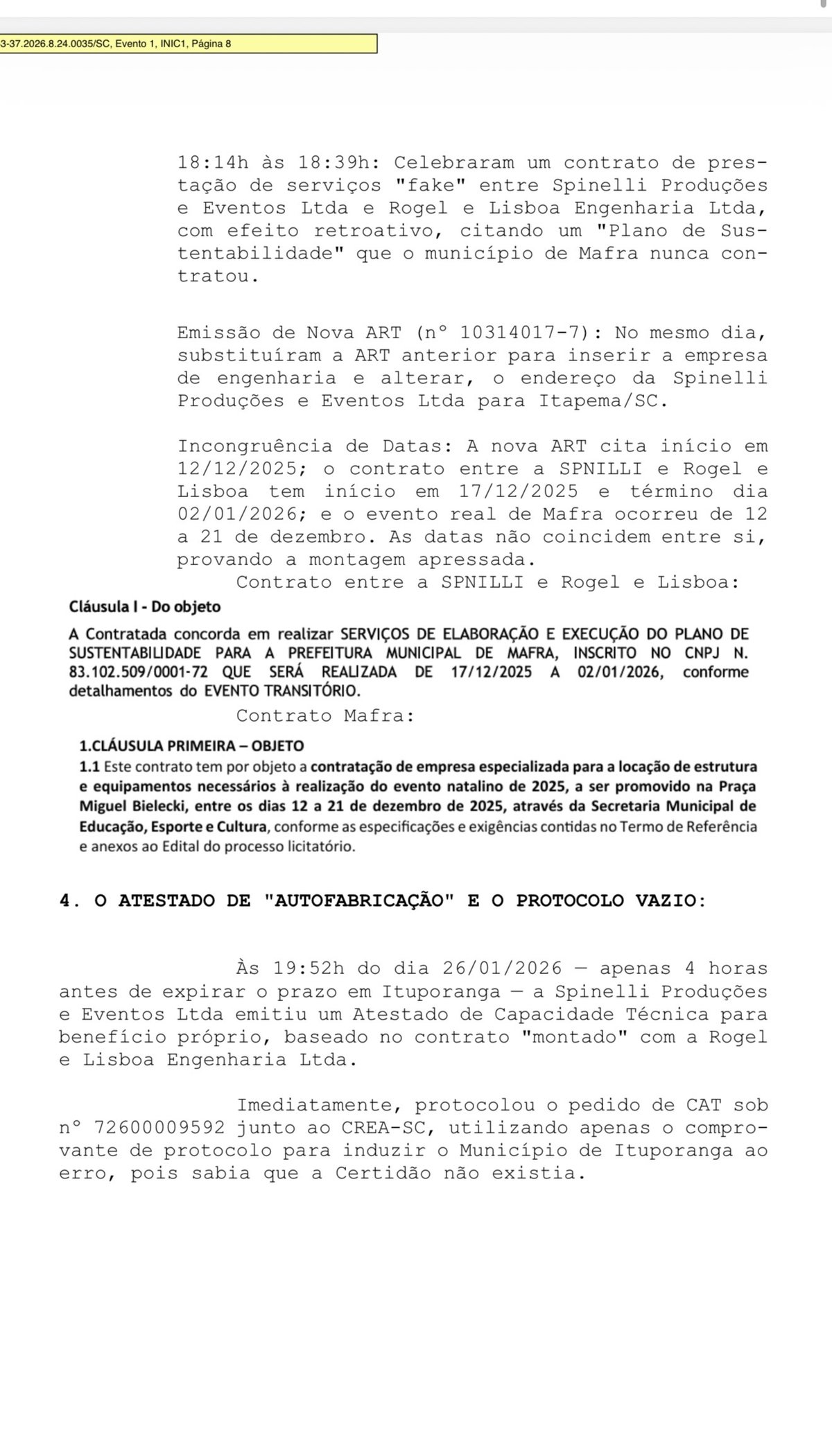 Trecho da ação popular que descreve suposto contrato retroativo entre Spinelli e empresa de engenharia