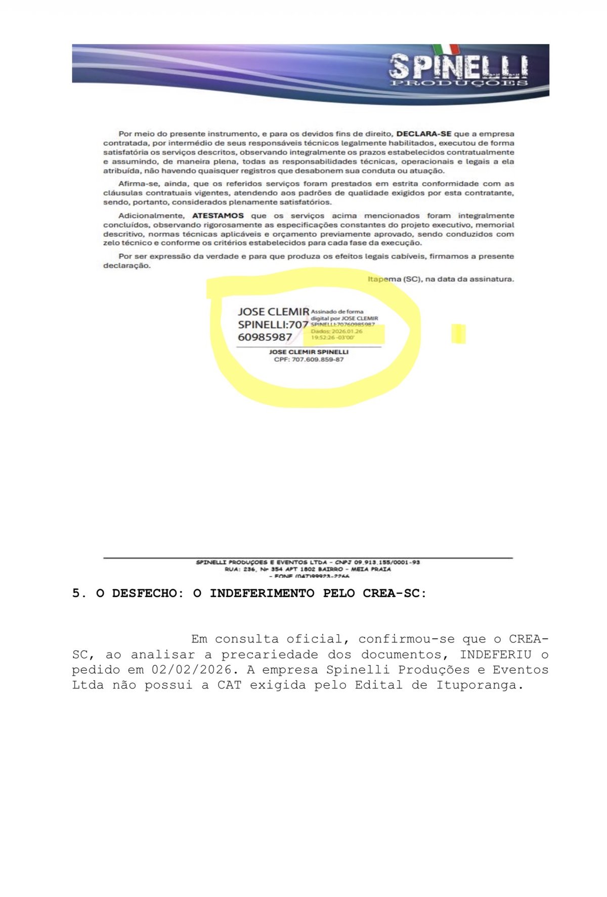 Assinatura digital de José Clemir Spinelli no atestado, com data e hora destacadas
