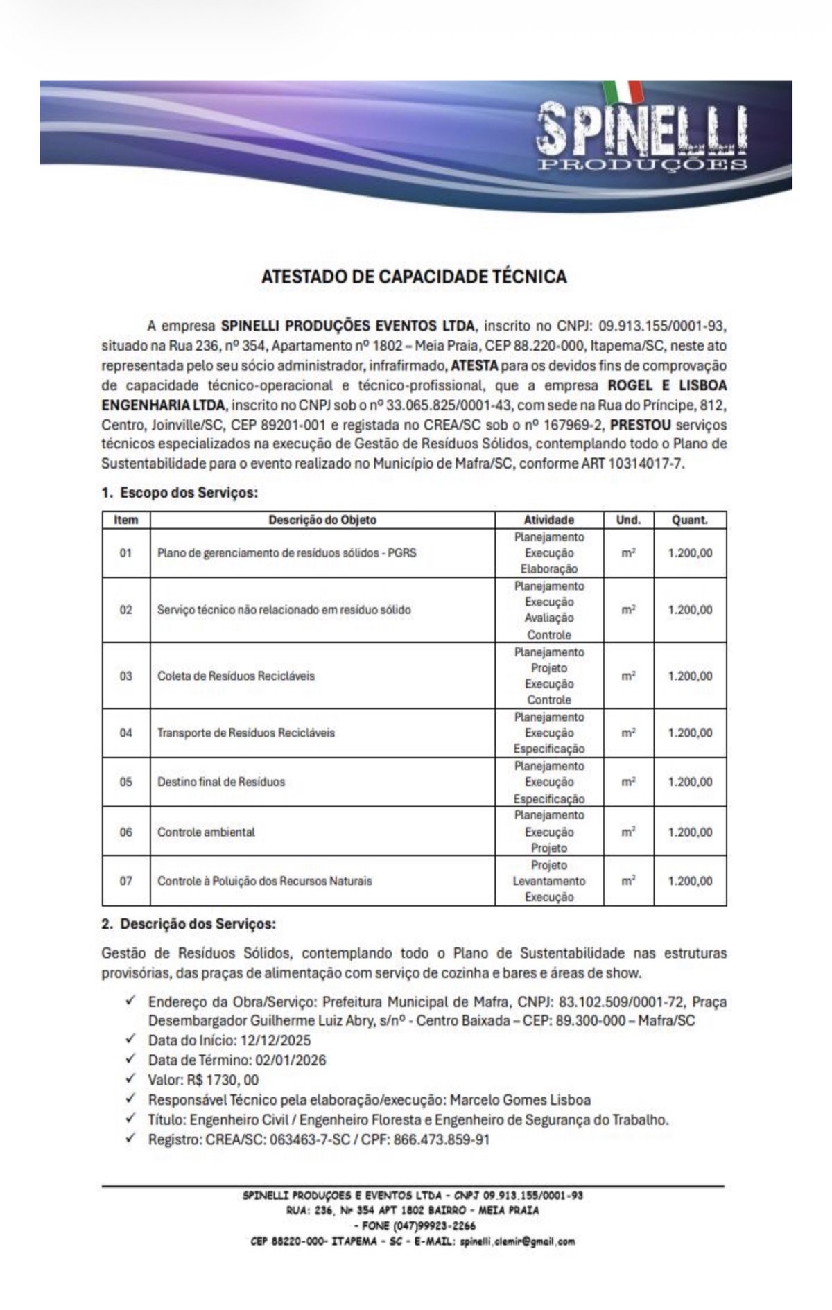 Atestado de capacidade técnica em papel timbrado da Spinelli Produções