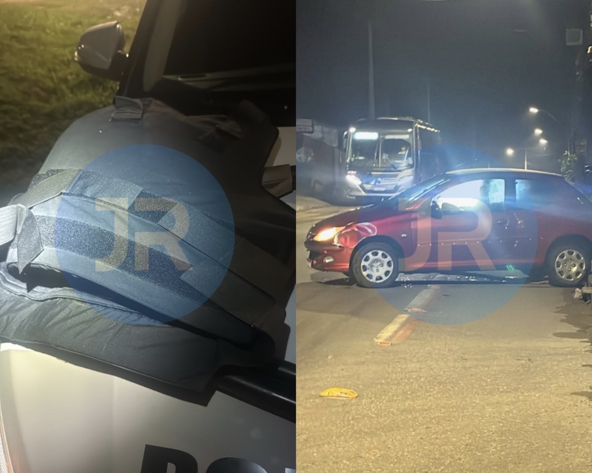 Colete à prova de balas sobre viatura e Peugeot 206 vermelho parado na via em Joinville
