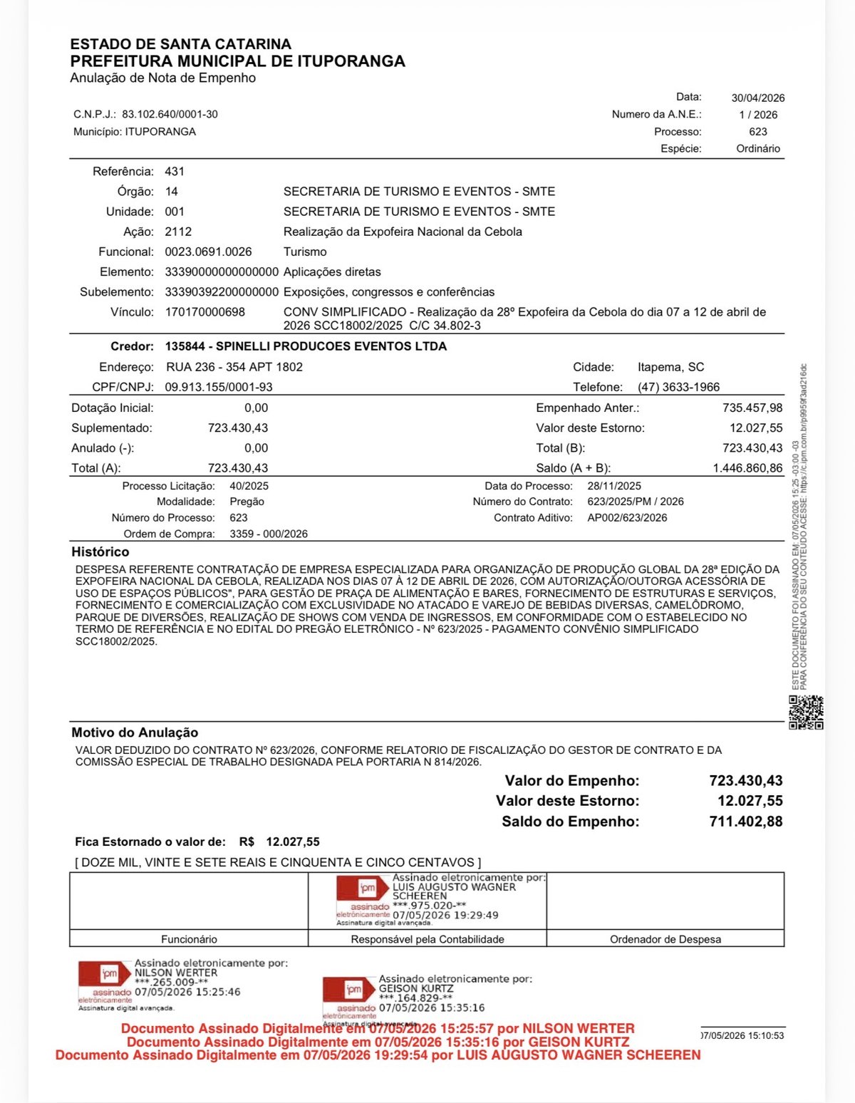 Anulação de nota de empenho com estorno de R$ 12.027,55 assinada por Geison Kurtz