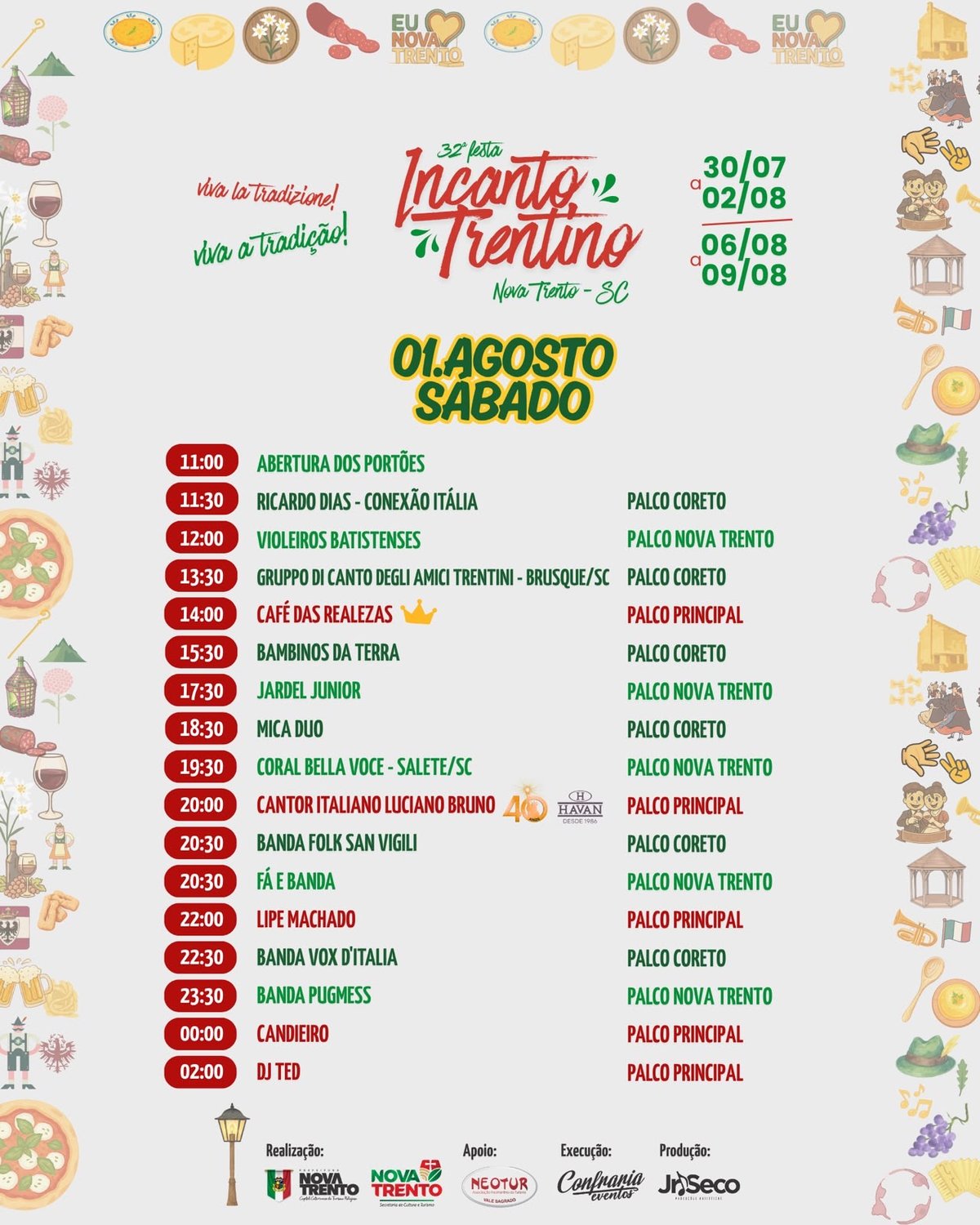 Programação de sábado, 1º de agosto